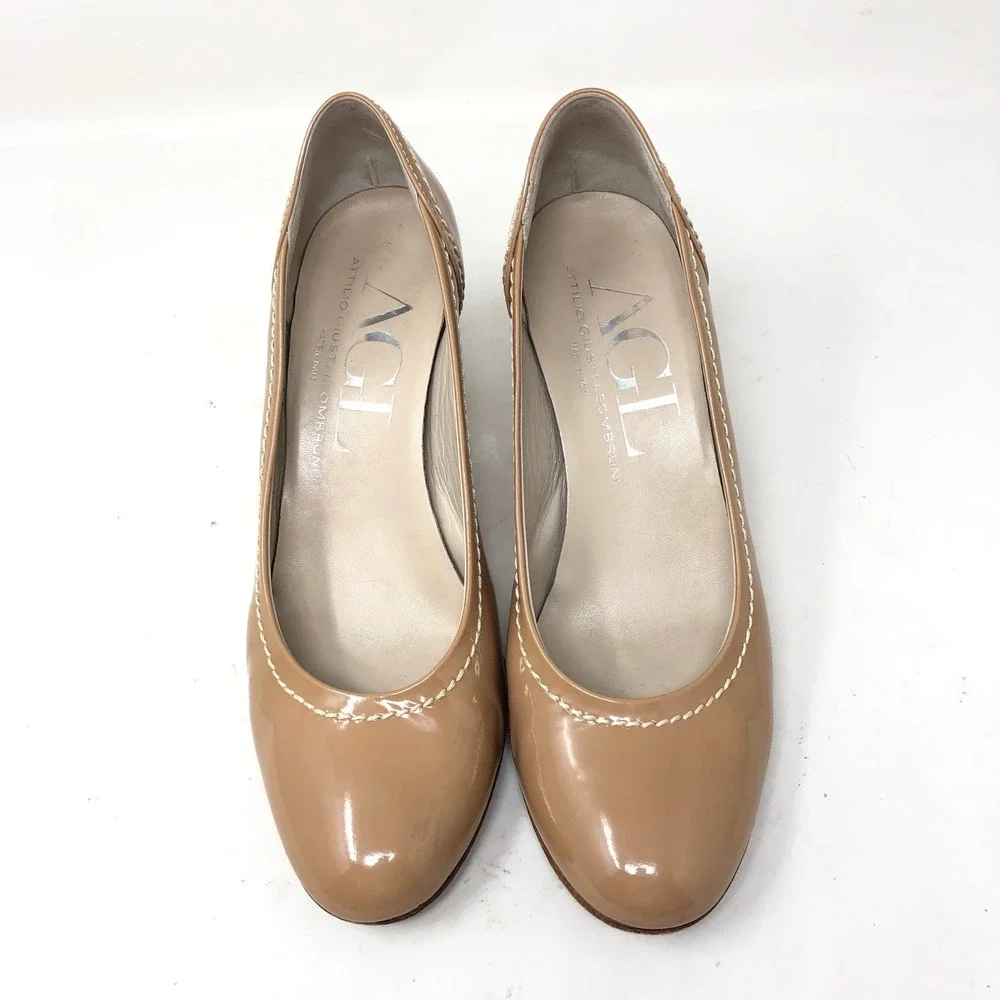 AGL Tan Patent Leather Pumps Round Toe Stitch Heels Womens 38.5